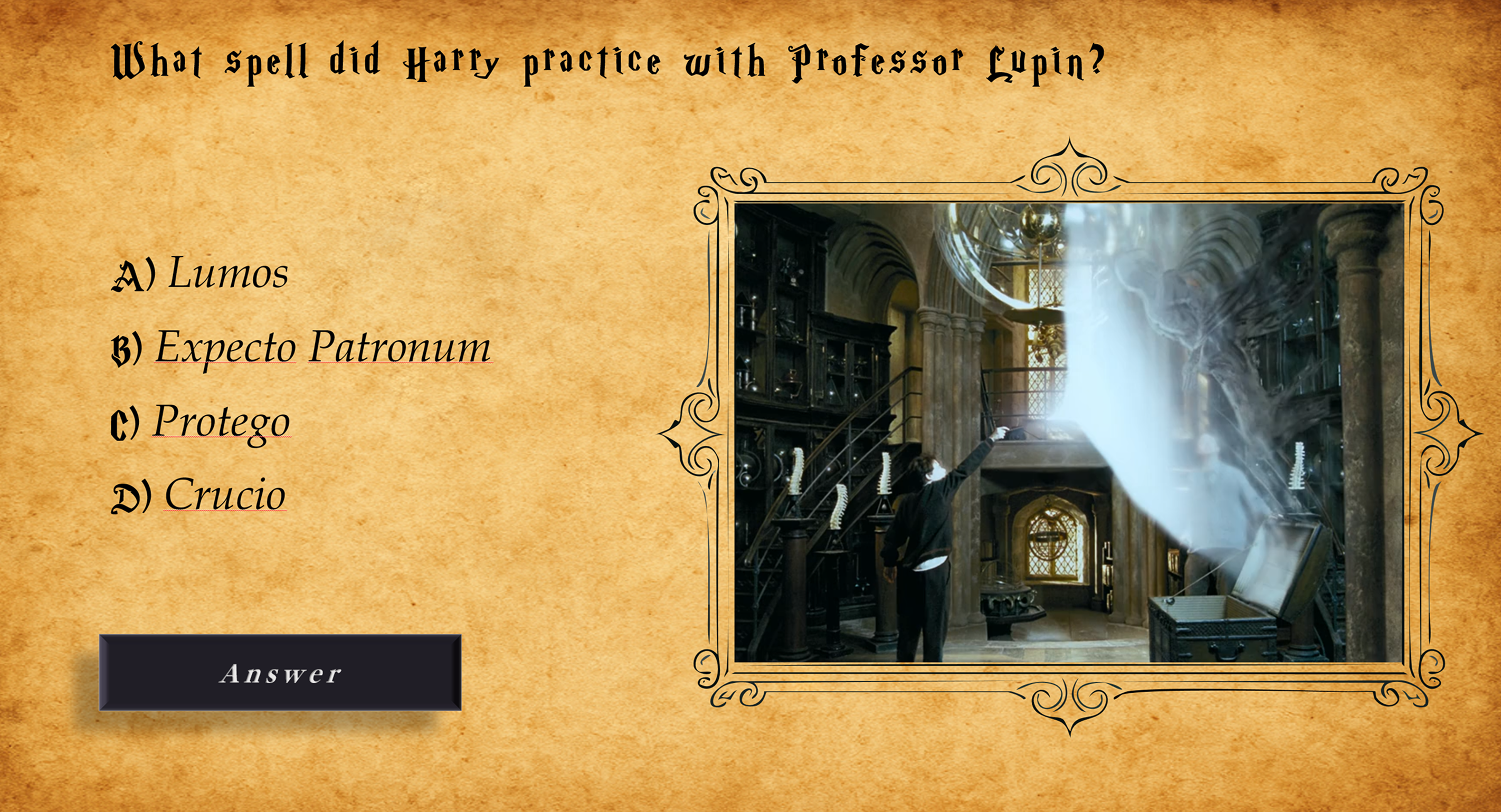 Sample quiz question with multiple-choice answers and a movie scene